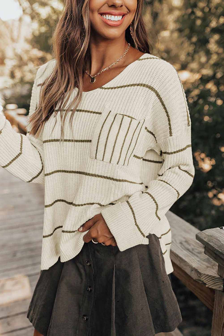 Striped V-Neck Drop Shoulder Sweater 