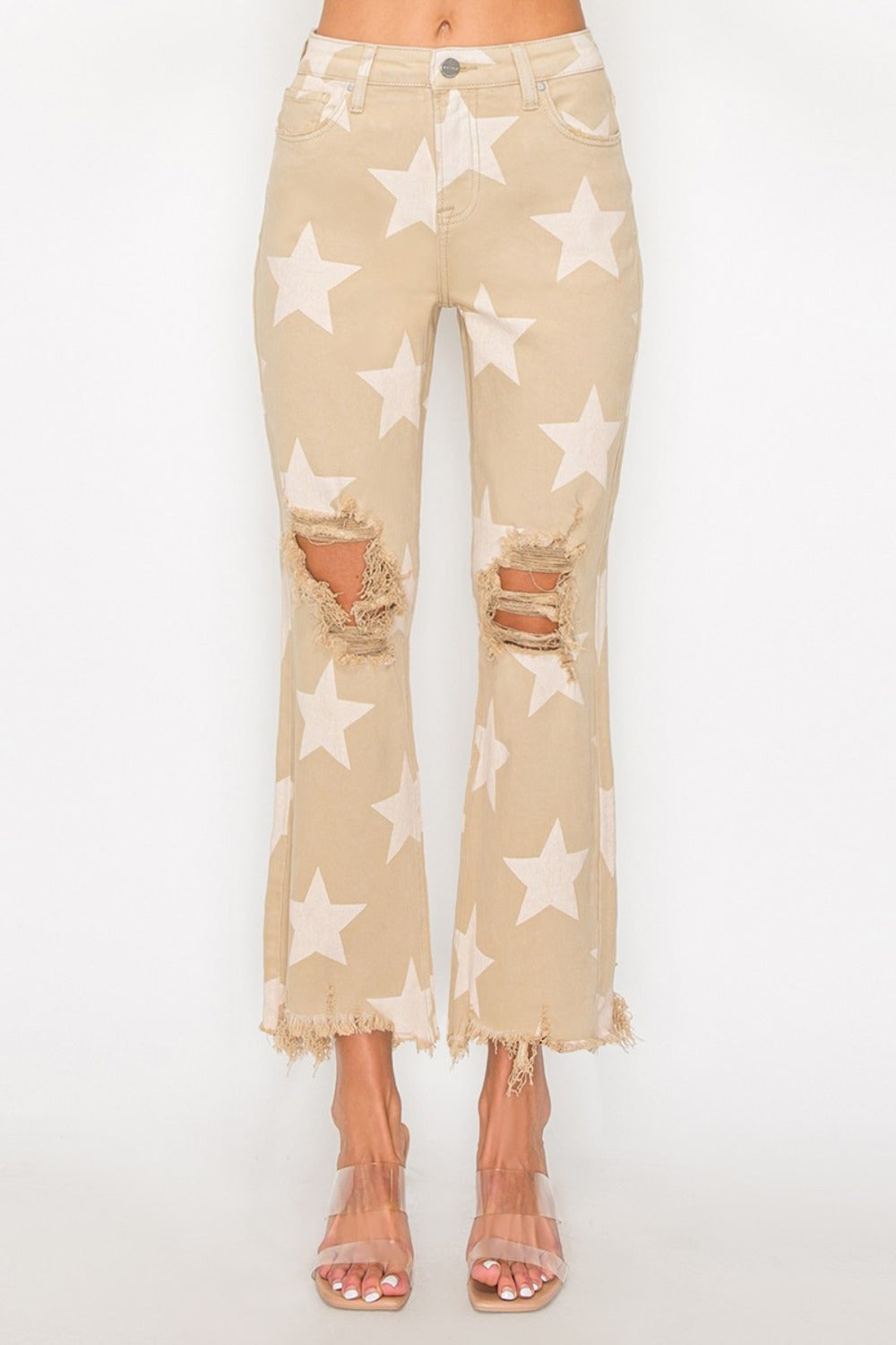 RISEN Full Size High Rise Star Printed Frayed Hem Jeans 