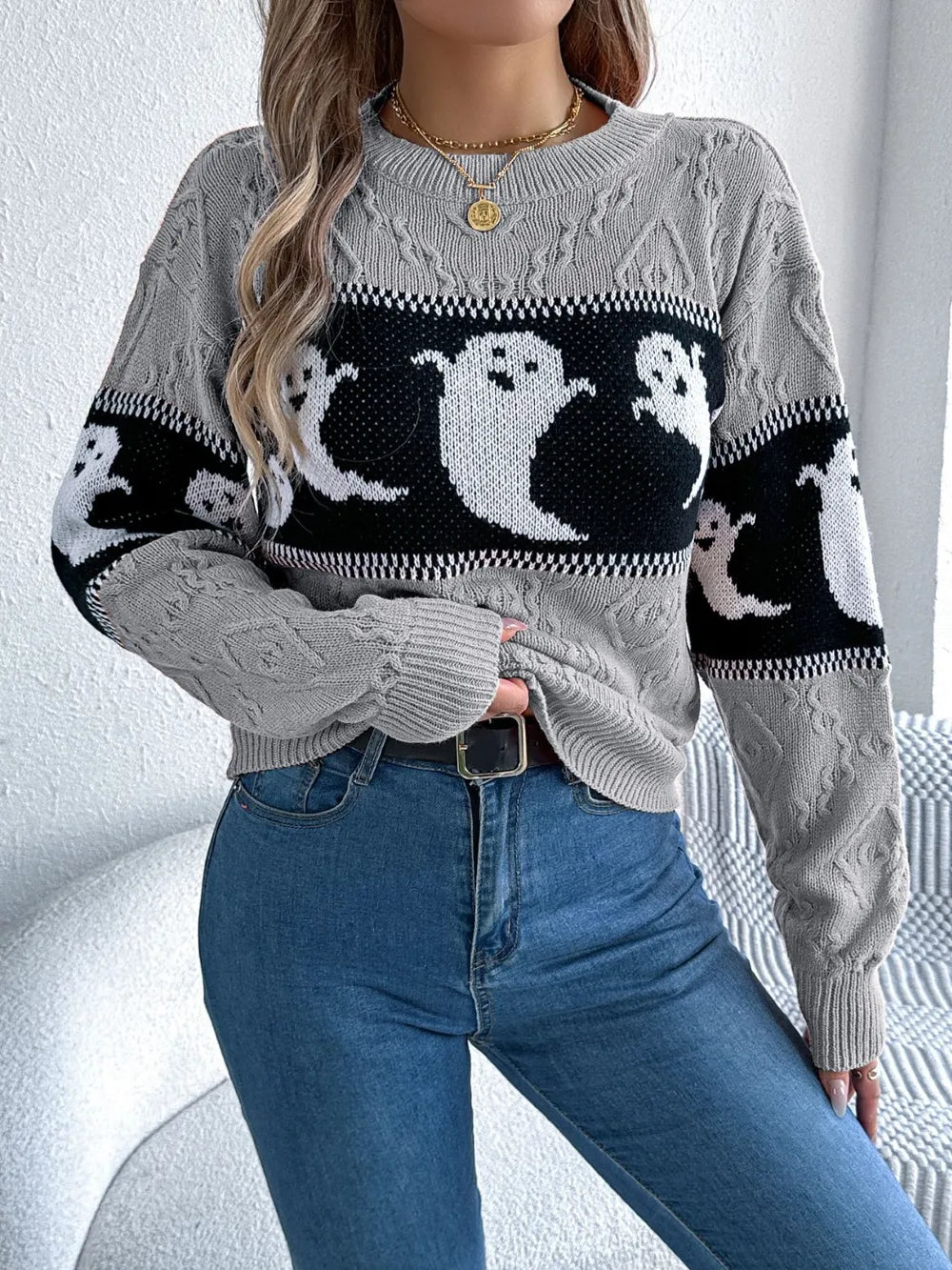 Ghost Round Neck Long Sleeve Sweater 