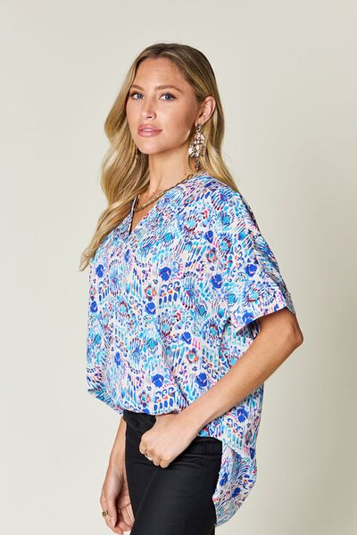 Double Take Full Size Printed V-Neck Short Sleeve Blouse 