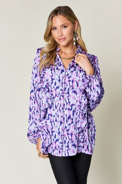 Double Take Full Size Printed Ruffle Trim Balloon Sleeve Shirt 