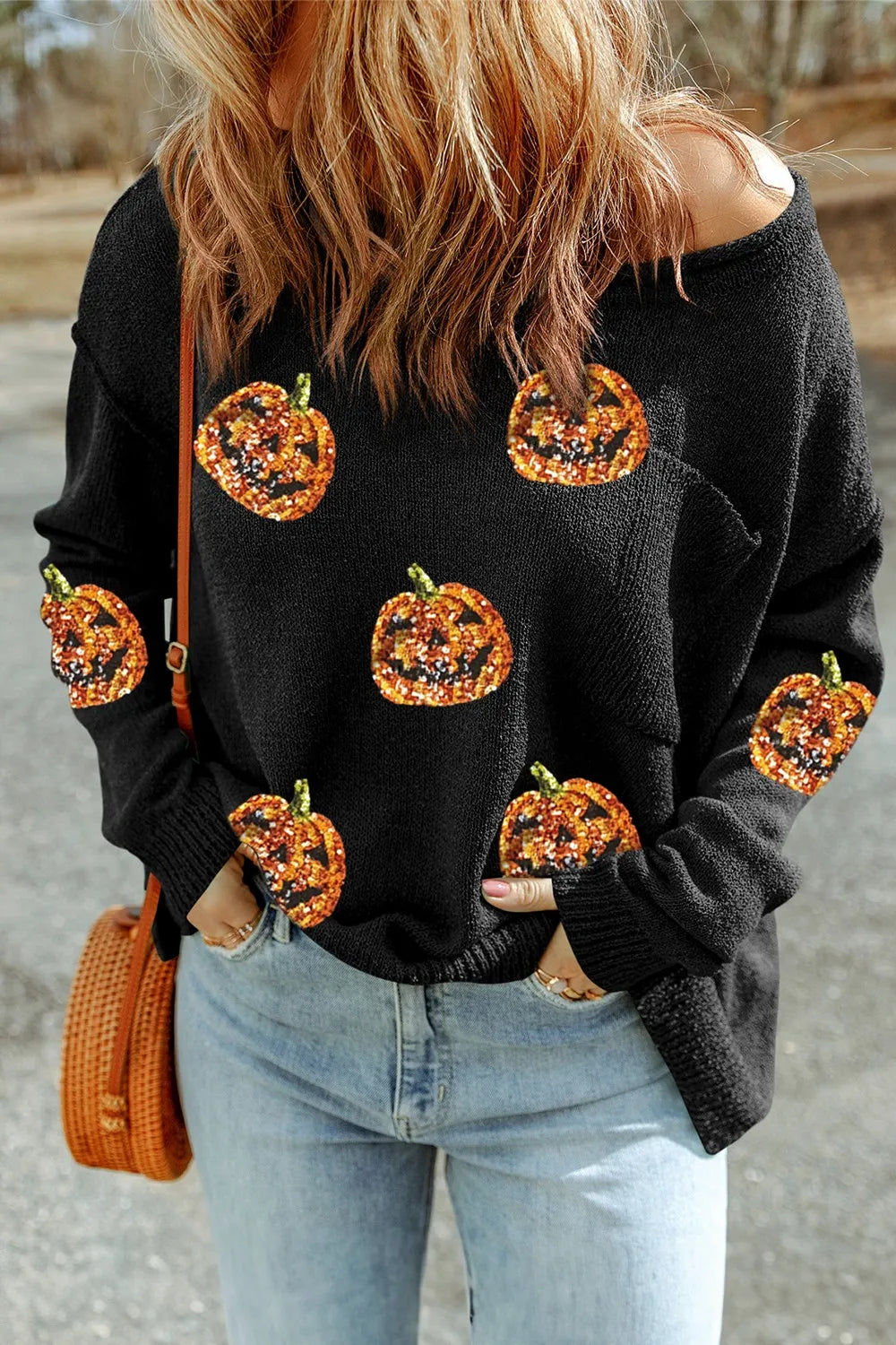 Pumpkin Round Neck Long Sleeve Knit Top 