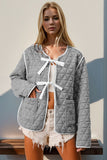 Double Take Contrast Trim Tie Front Quilted Jacket with Pockets 