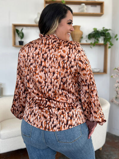 Double Take Full Size Printed Ruffle Trim Balloon Sleeve Shirt 