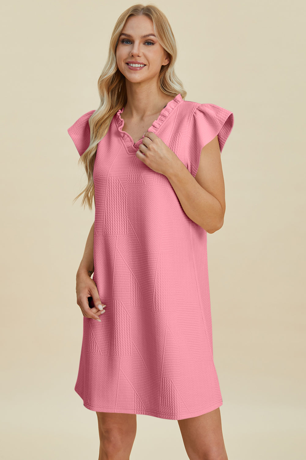 Double Take Full Size Ruffled V-Neck Cap Sleeve Dress 