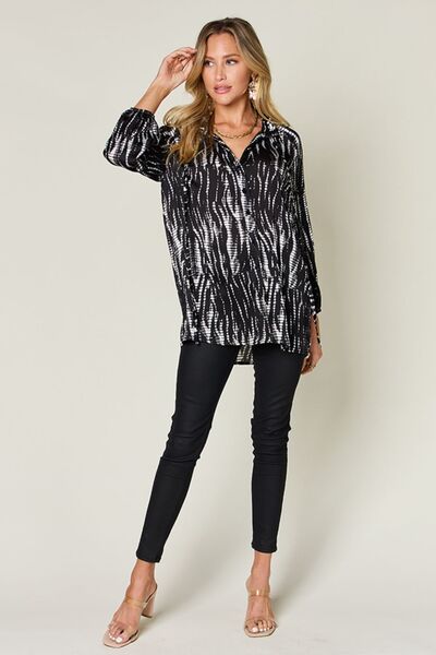 Double Take Full Size Printed Button Up Long Sleeve Shirt 