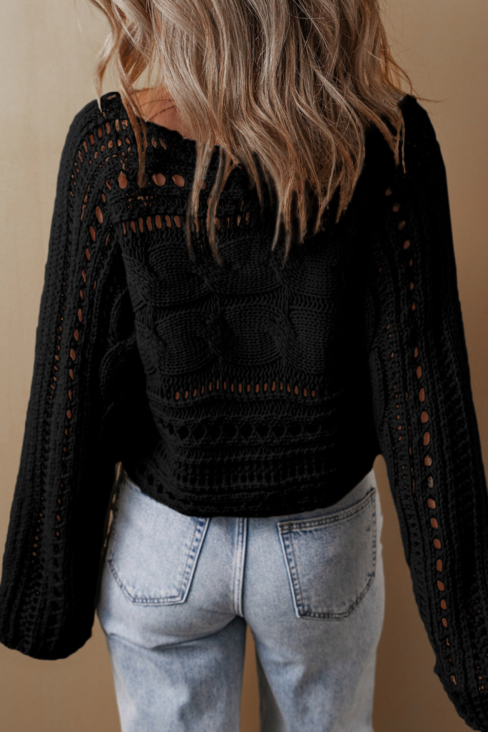 Smoke Gray Hollow-out Cable Knit Cropped Sweater Sweaters & Cardigans/Sweaters