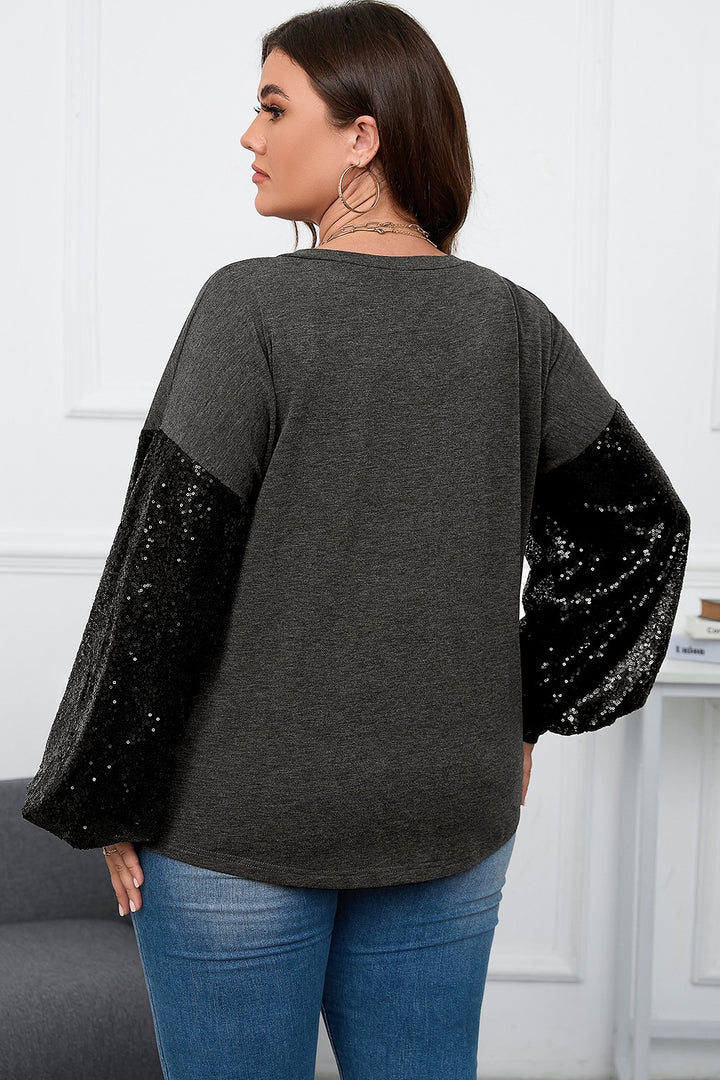 Plus Size Sequin Long Sleeve V-Neck Top 