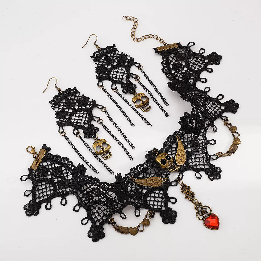 Halloween Lace Skull Necklace and Earrings Jewelry Set 