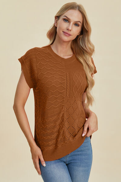 Double Take Full Size Cable-Knit Round Neck Cap Sleeve Sweater 
