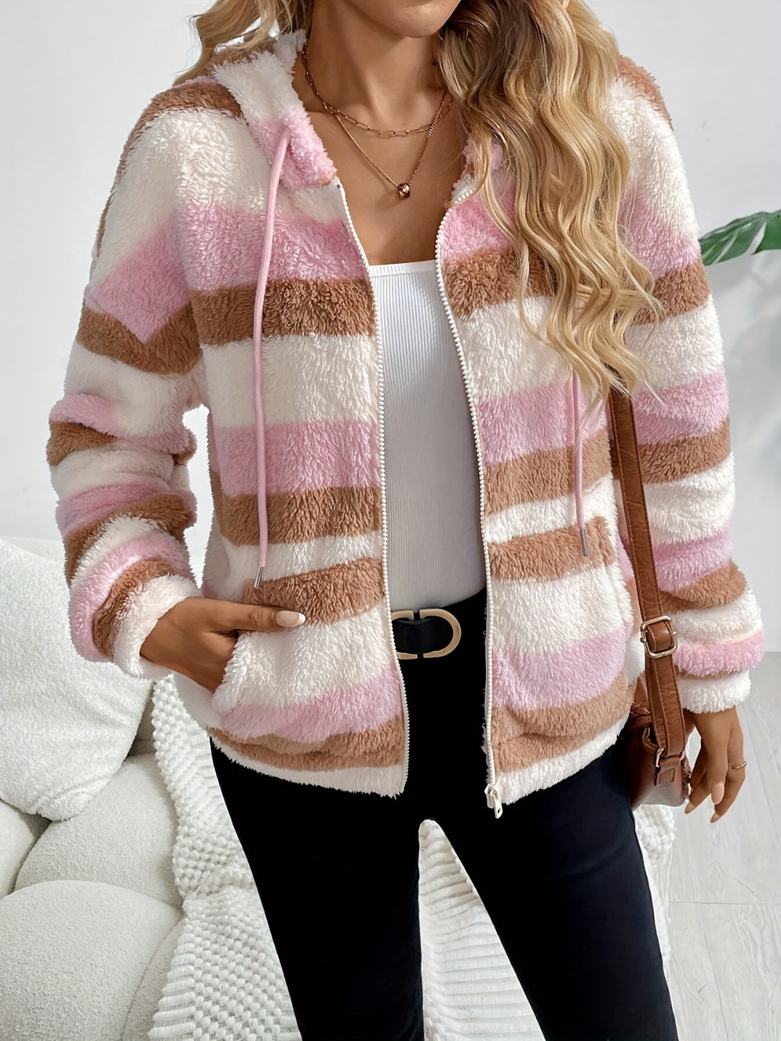 Drawstring Striped Zip Up Hooded Jacket 