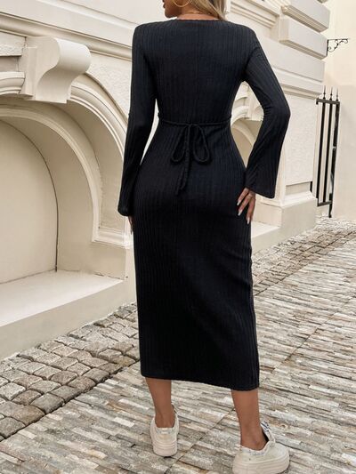 Devine Tied V-Neck Long Sleeve Sweater Dress Dresses