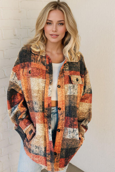 Double Take Button Up Plaid Fleece Shacket with Pockets 