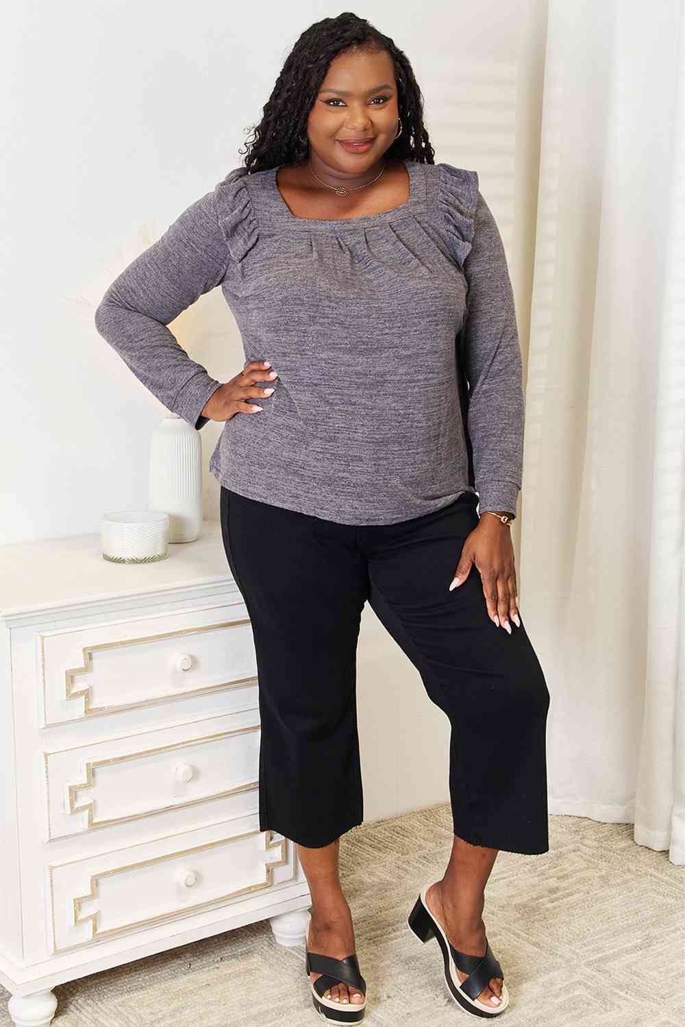 Double Take Square Neck Ruffle Shoulder Long Sleeve T-Shirt 
