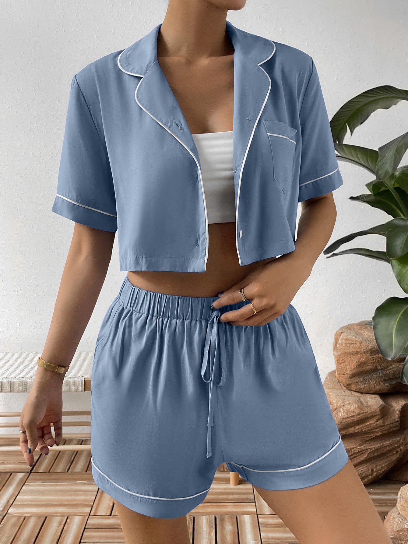 Ivy Lane Contrast Lapel Collar Cropped Shirt and Shorts Lounge Set Lingerie & Nightwear