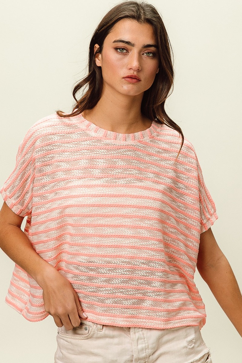 BiBi Braid Striped Short Sleeve Round Neck T-Shirt 