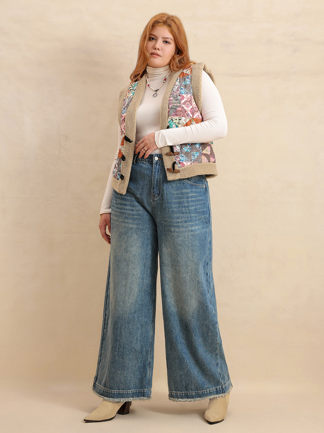 Plus Size Printed Sherpa Vest Coat 