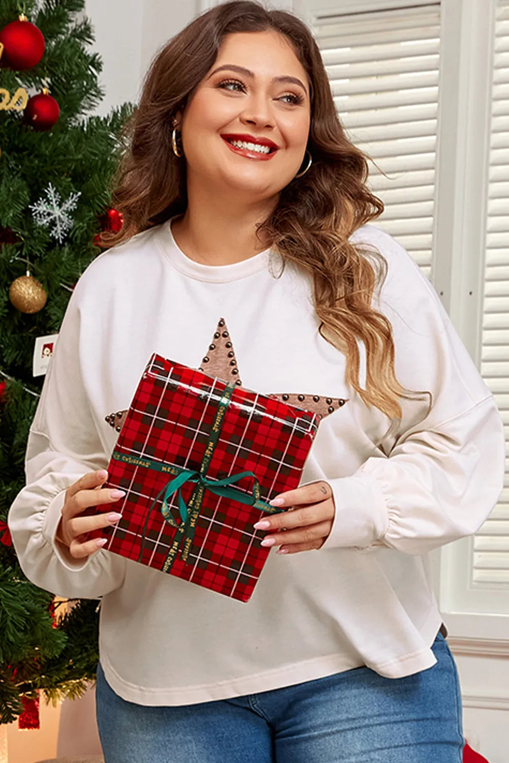 Plus Size Studded Star Round Neck Long Sleeve Blouse 