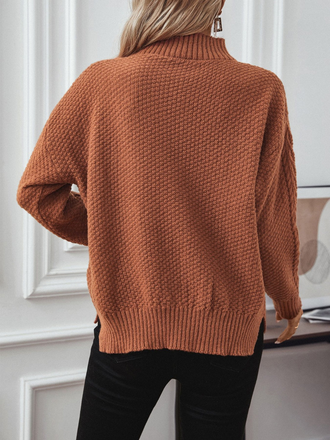 Cable-Knit Mock Neck Long Sleeve Sweater 