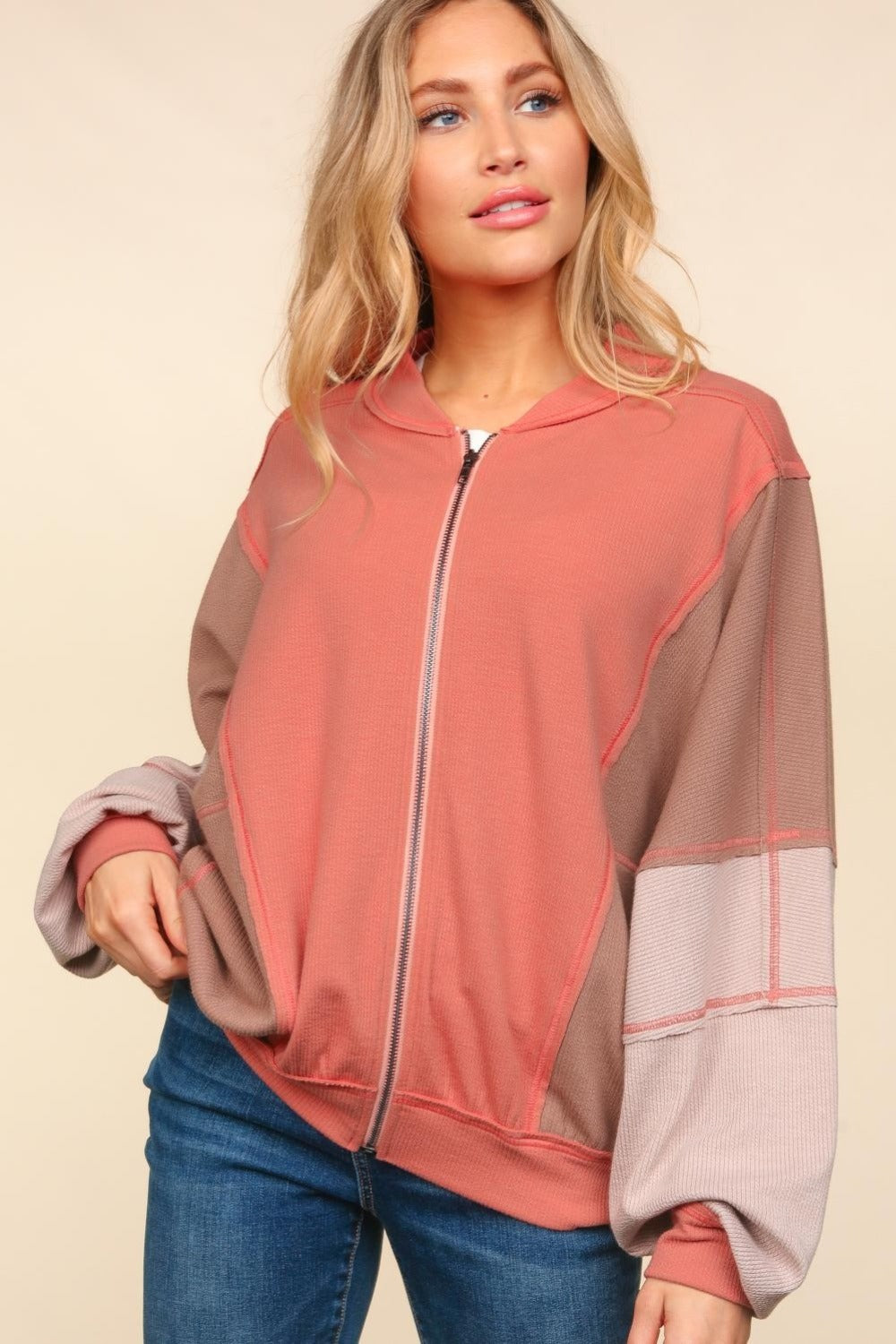 Haptics Zip Up Color Block Bomber Jacket with Side Pockets 