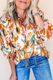 Yellow Abstract Print Drawstring Frilled V Neck 3/4 Sleeve Blouse Tops/Blouses & Shirts