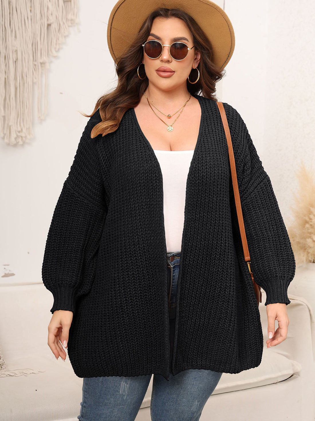 Plus Size Open Front Dropped Shoulder Knit Cardigan 