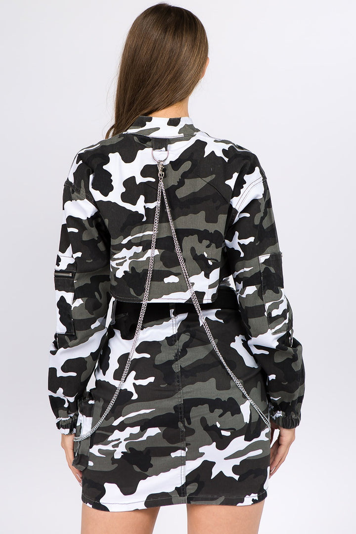 American Bazi Camouflage Cropped Jacket with Chains 