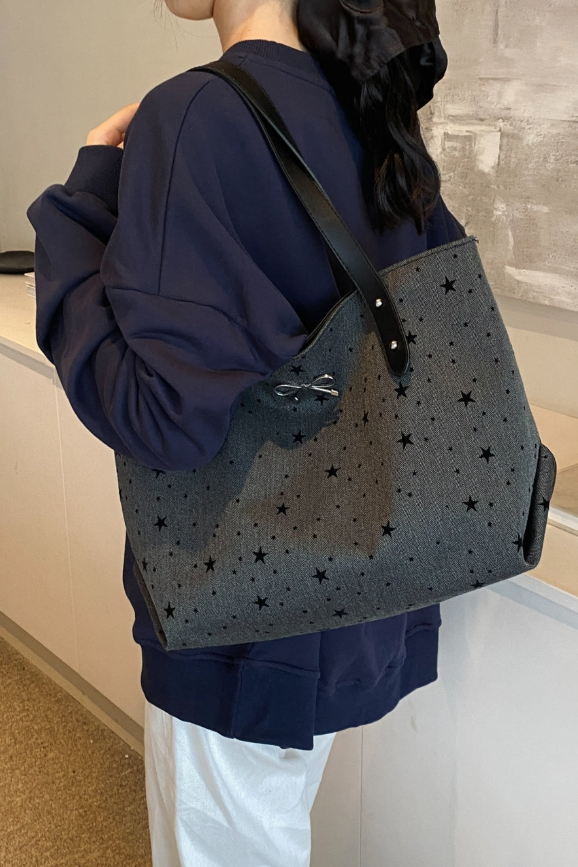 Polyester Bow Polka Dot Tote Bag 