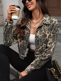 Leopard Button Up Cropped Denim Jacket 