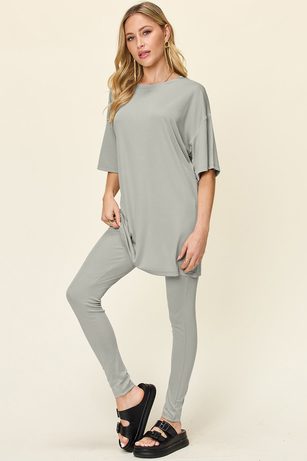 Double Take Full Size Round Neck Dropped Shoulder T-Shirt and Leggings Set 