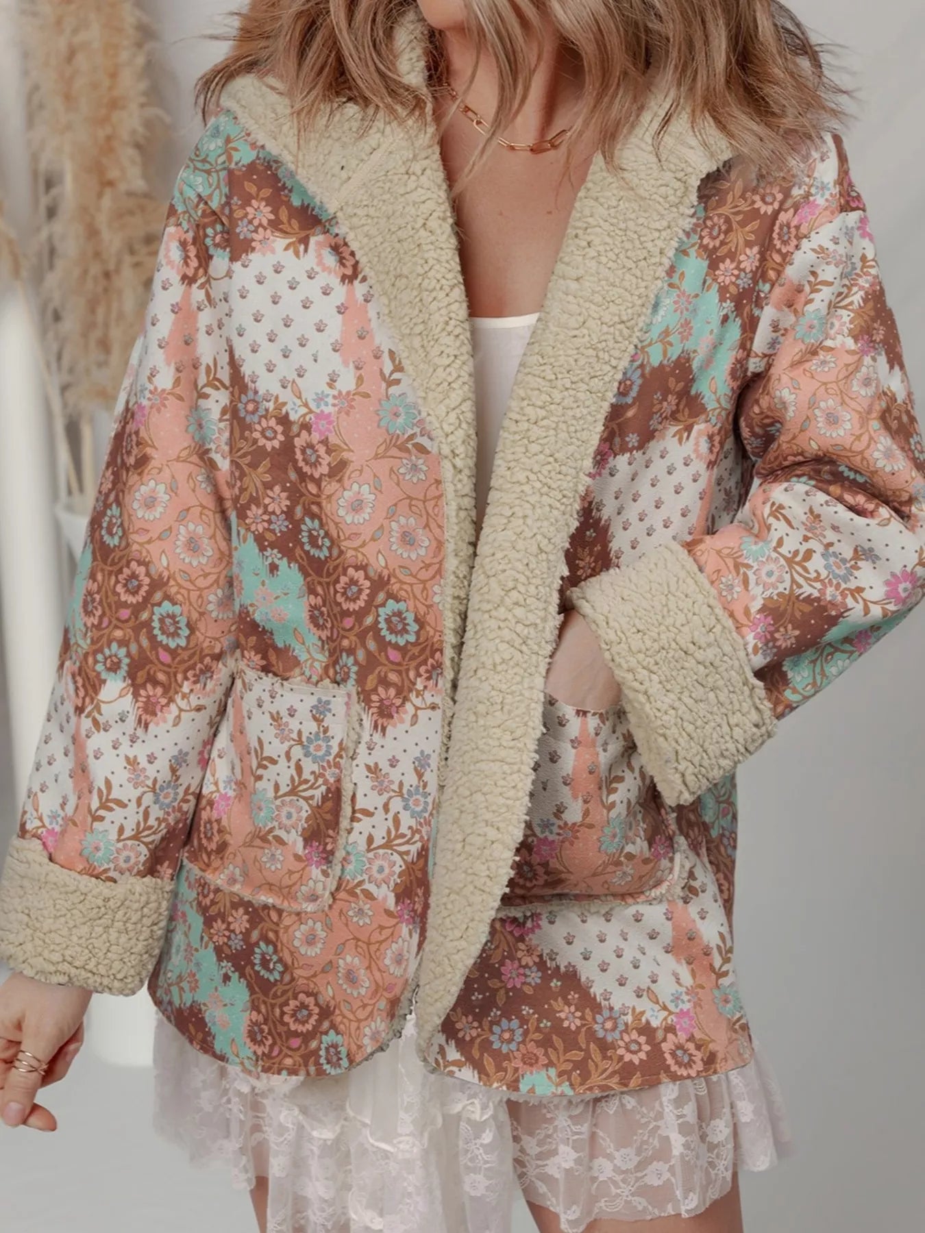 Floral Printed Sherpa Lined Hooded Jacket 