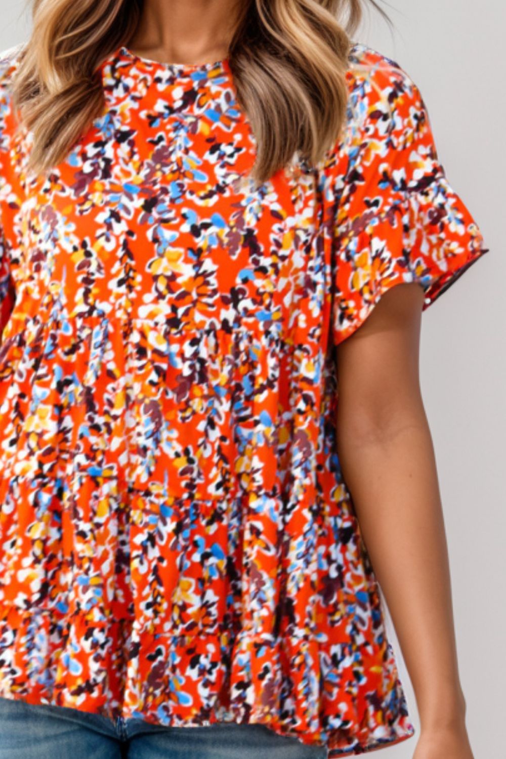 Plus Size Floral Round Neck Tiered Blouse 