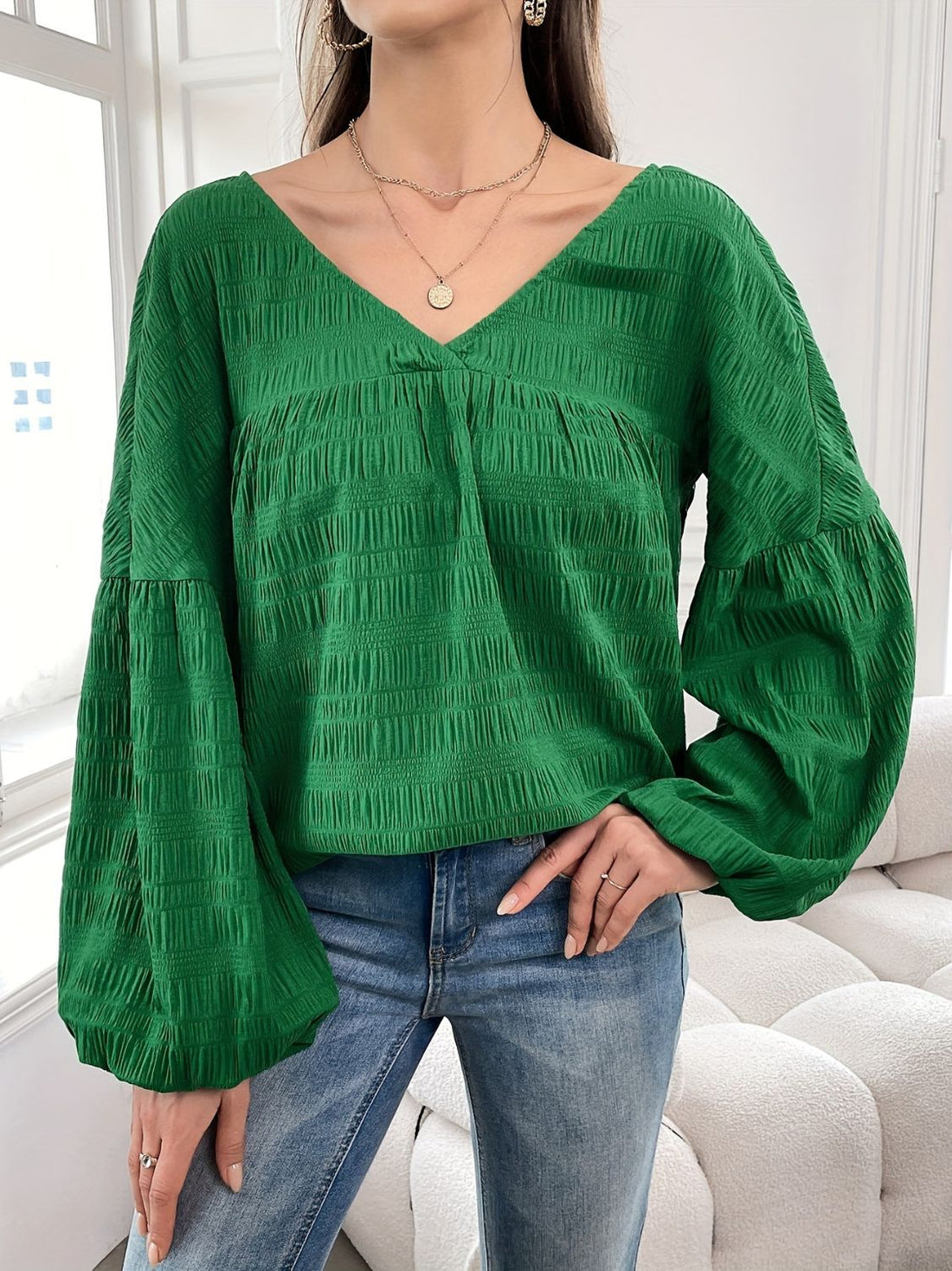 Plus Size Texture V-Neck Long Sleeve Top 