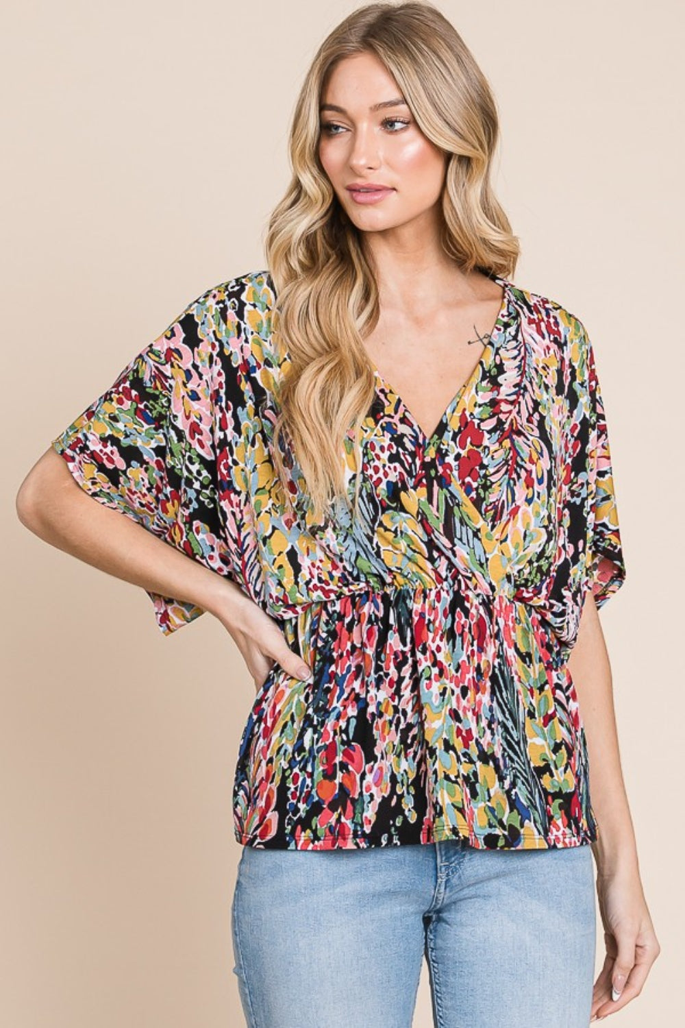 BOMBOM Printed Surplice Peplum Blouse 