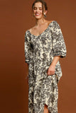 Umgee Ruffle Hem Flower Printed V-Neck Dress 