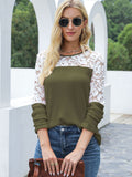 Waffle-Knit Lace Round Neck Long Sleeve T-Shirt 