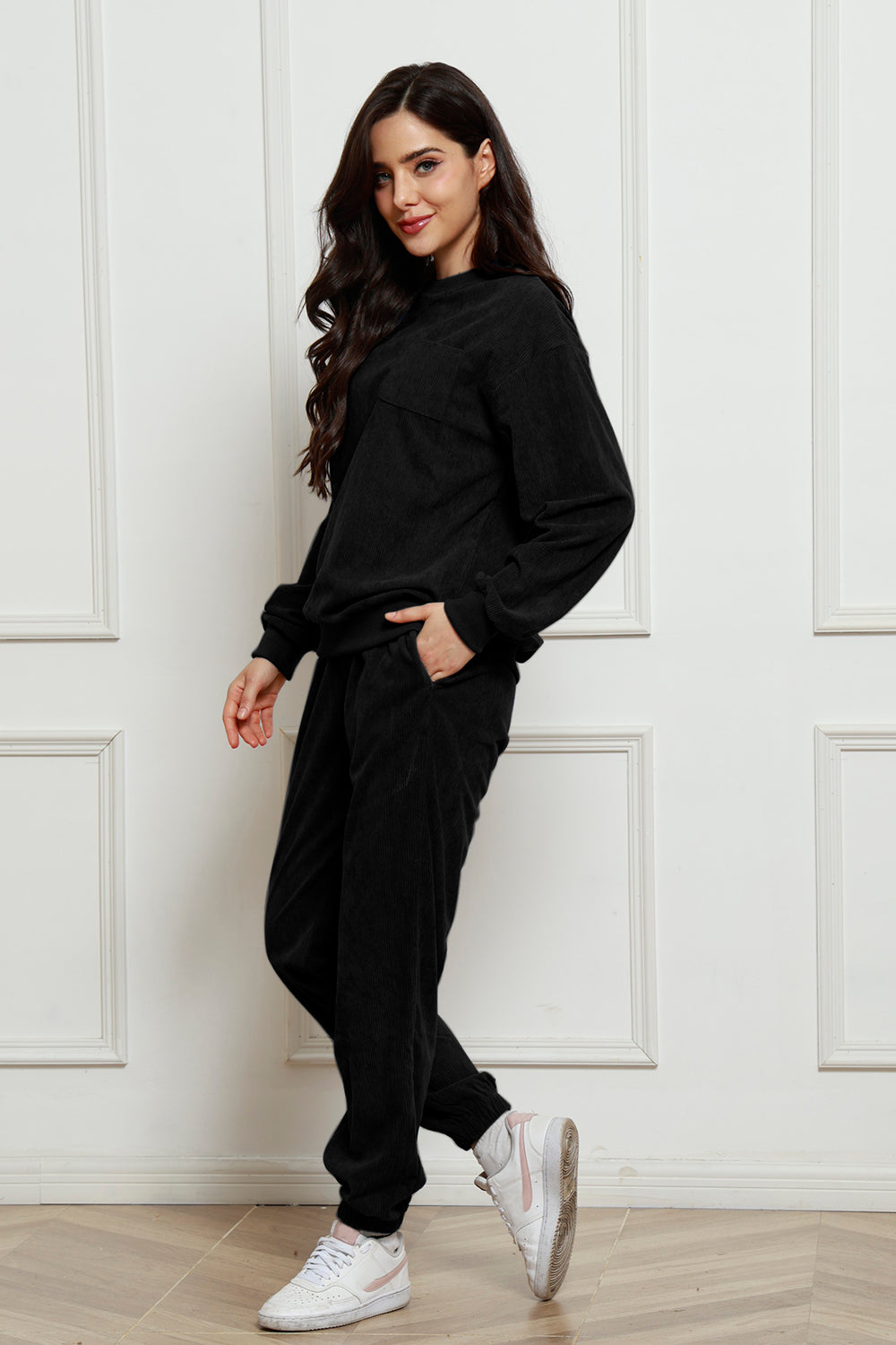 Corduroy Round Neck Sweatshirt and Sweatpants Set 