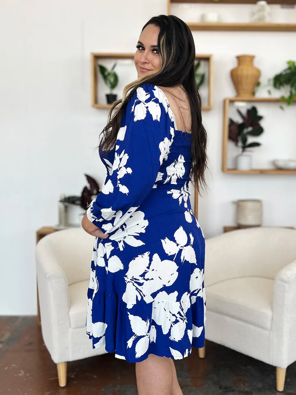 Double Take Full Size Floral Ruffle Hem Smocked Dress with Pockets 