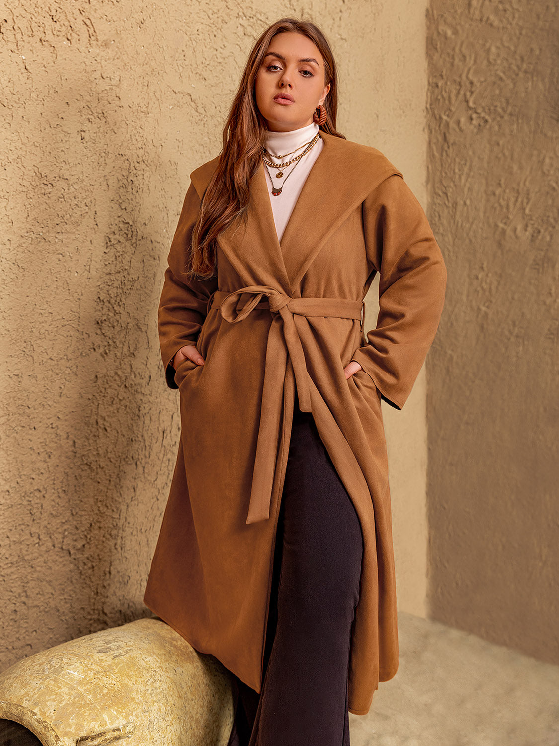 Plus Size Tied Long Sleeve Hooded Coat with Pockets 