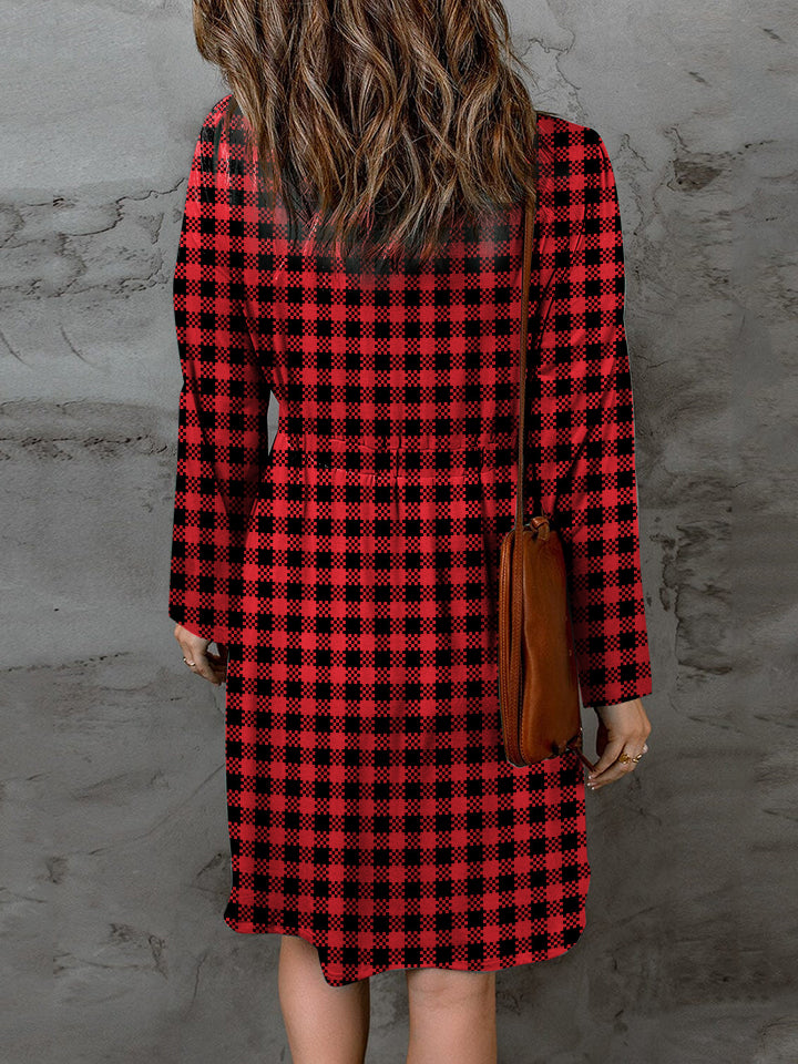 Double Take Full Size Plaid Round Neck Long Sleeve Magic Dress 