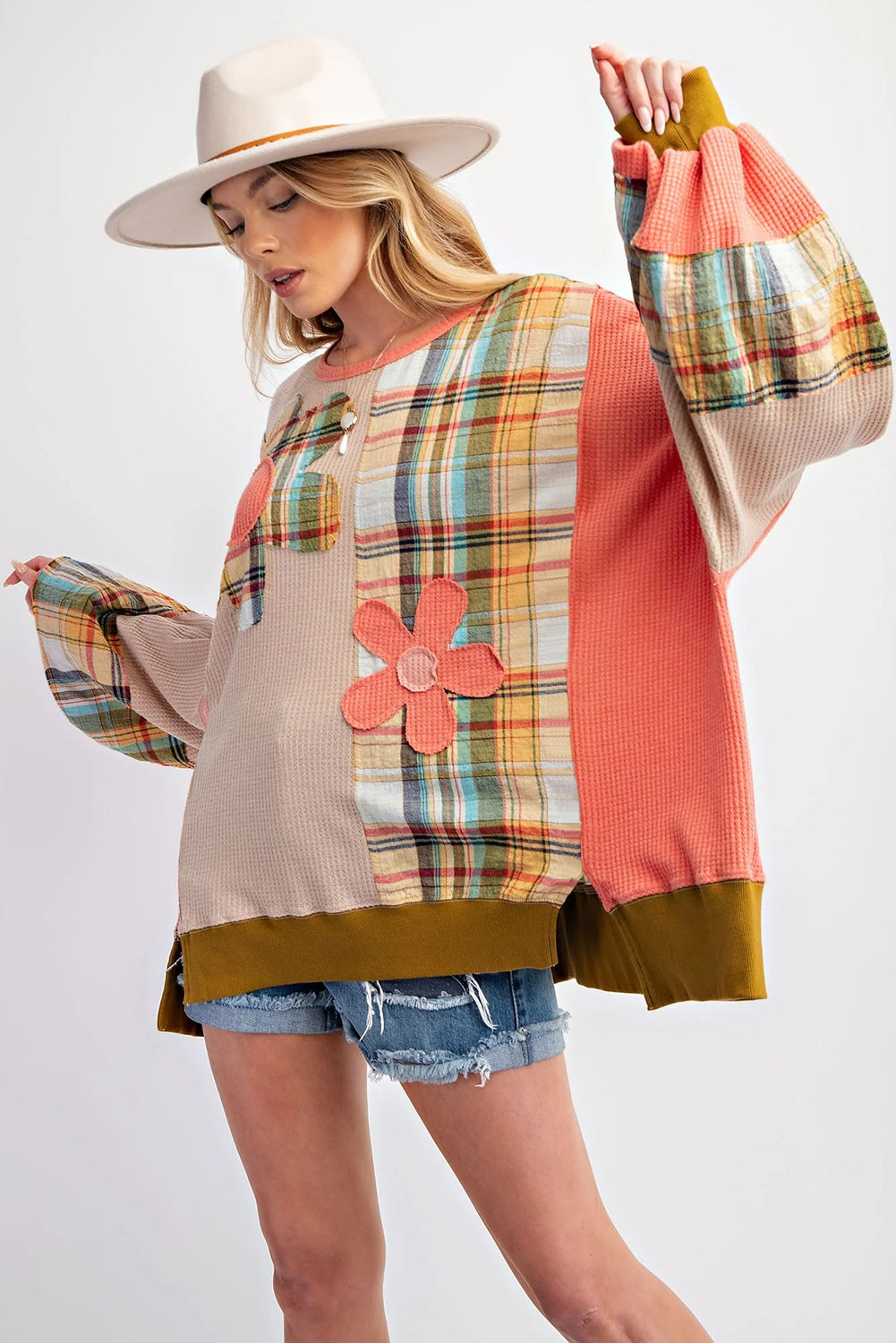 Multicolour Waffle Knit Plaid Patchwork Side Slits Loose Sweatshirt Tops/Sweatshirts & Hoodies