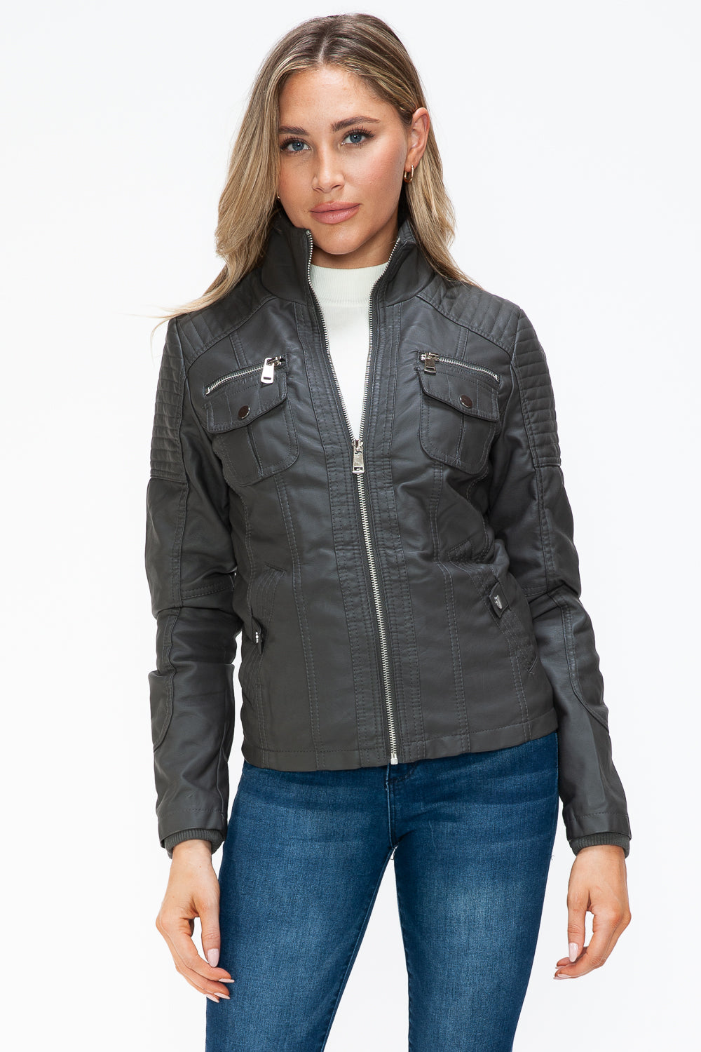 YMI Removable Faux Layered Multi-Pocket Jacket with Fuzzy Hood 