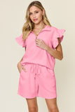 Double Take Full Size Texture Flounce Sleeve Top and Drawstring Shorts Set 