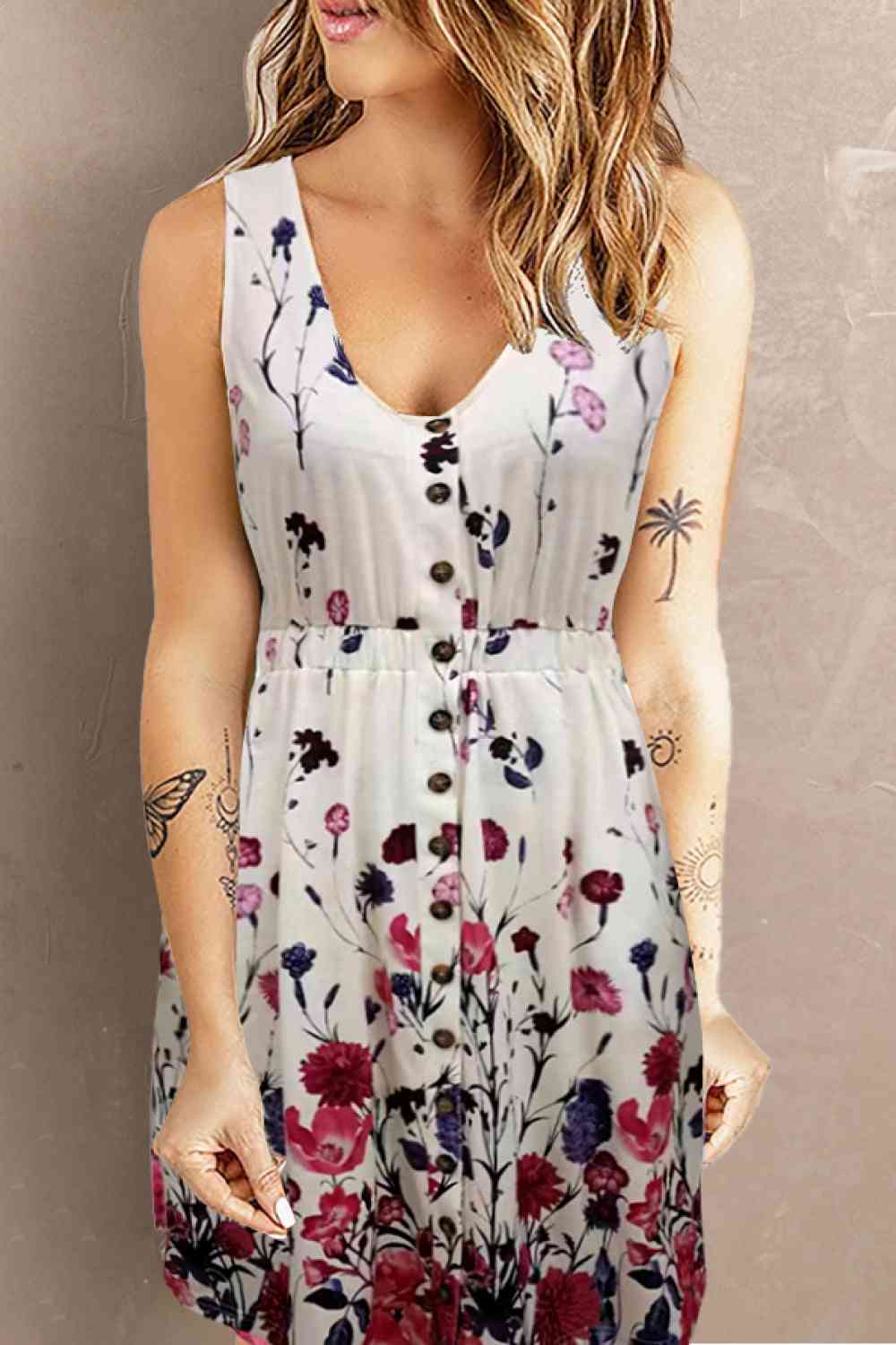 Double Take Scoop Neck Buttoned Sleeveless Magic Dress with Pockets 