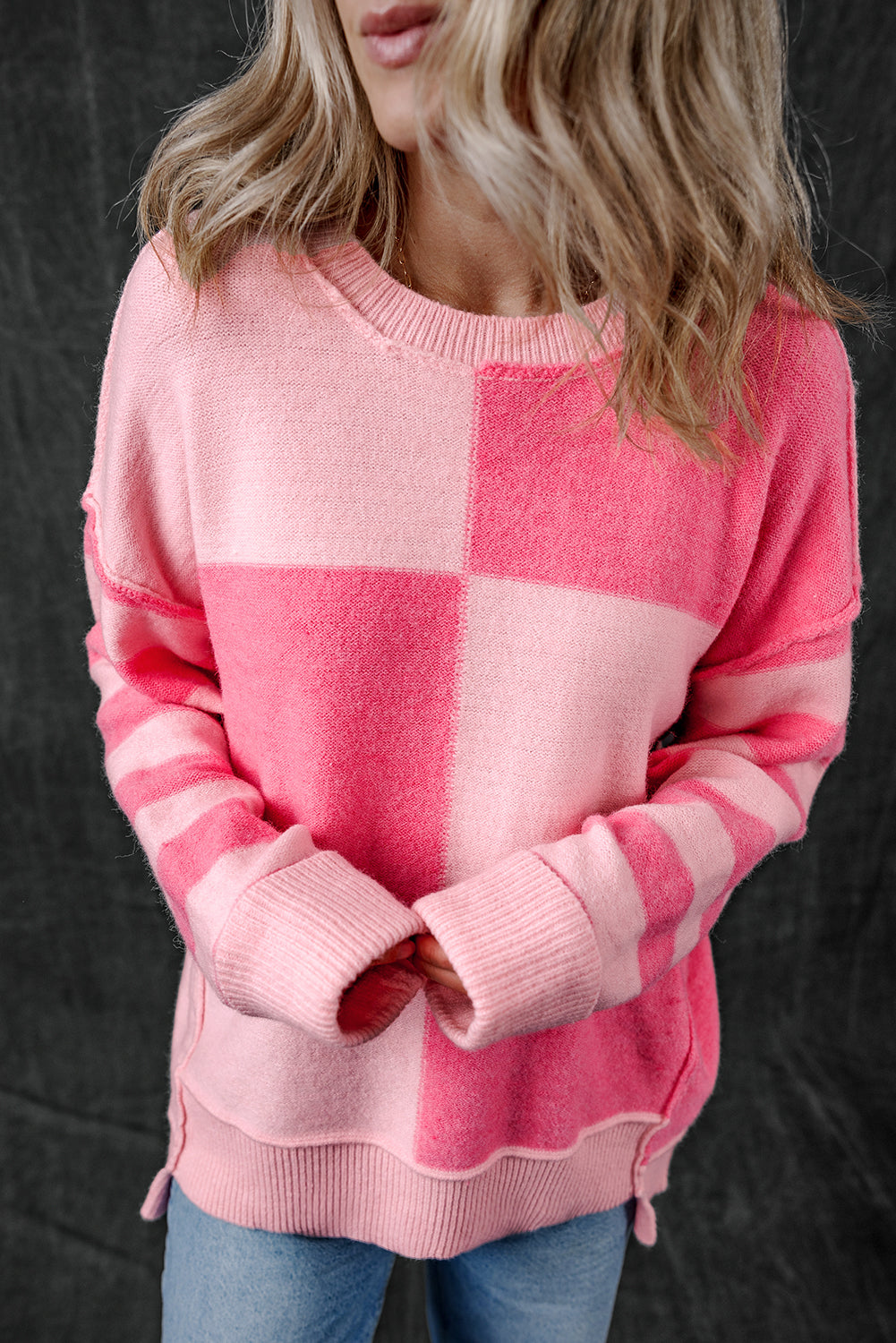 Pink Checkered Colorblock Striped High Low Loose Sweater Sweaters & Cardigans/Sweaters