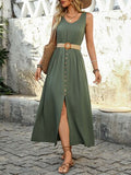 Perfee Decorative Button Slit Sleeveless Midi Dress Dresses