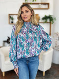 Double Take Full Size Printed Smocked Long Sleeve Blouse 