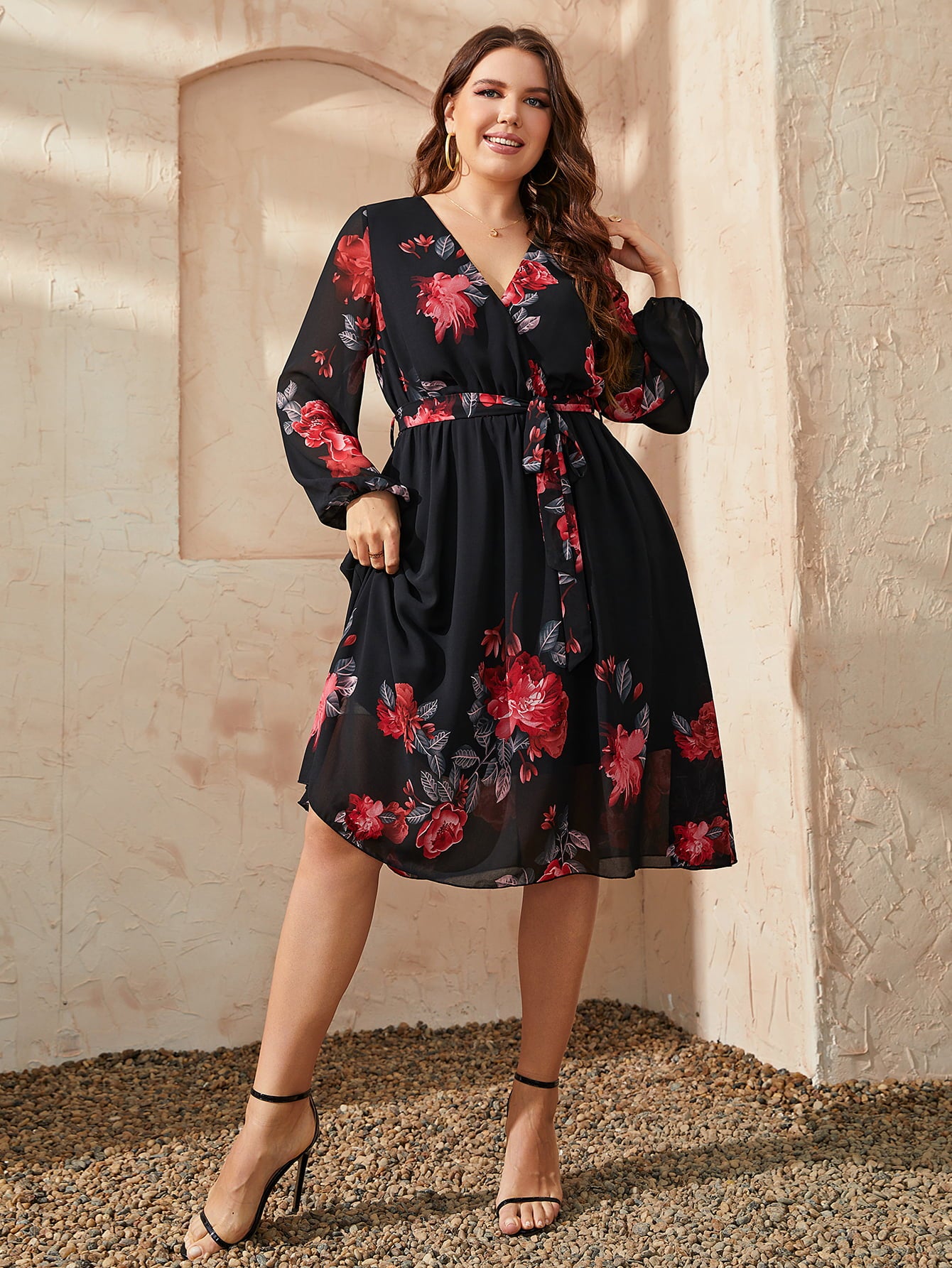 Honey Plus Size Floral Surplice Neck Tie Waist Dress 