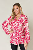 Double Take Full Size Printed Ruffle Trim Balloon Sleeve Shirt 