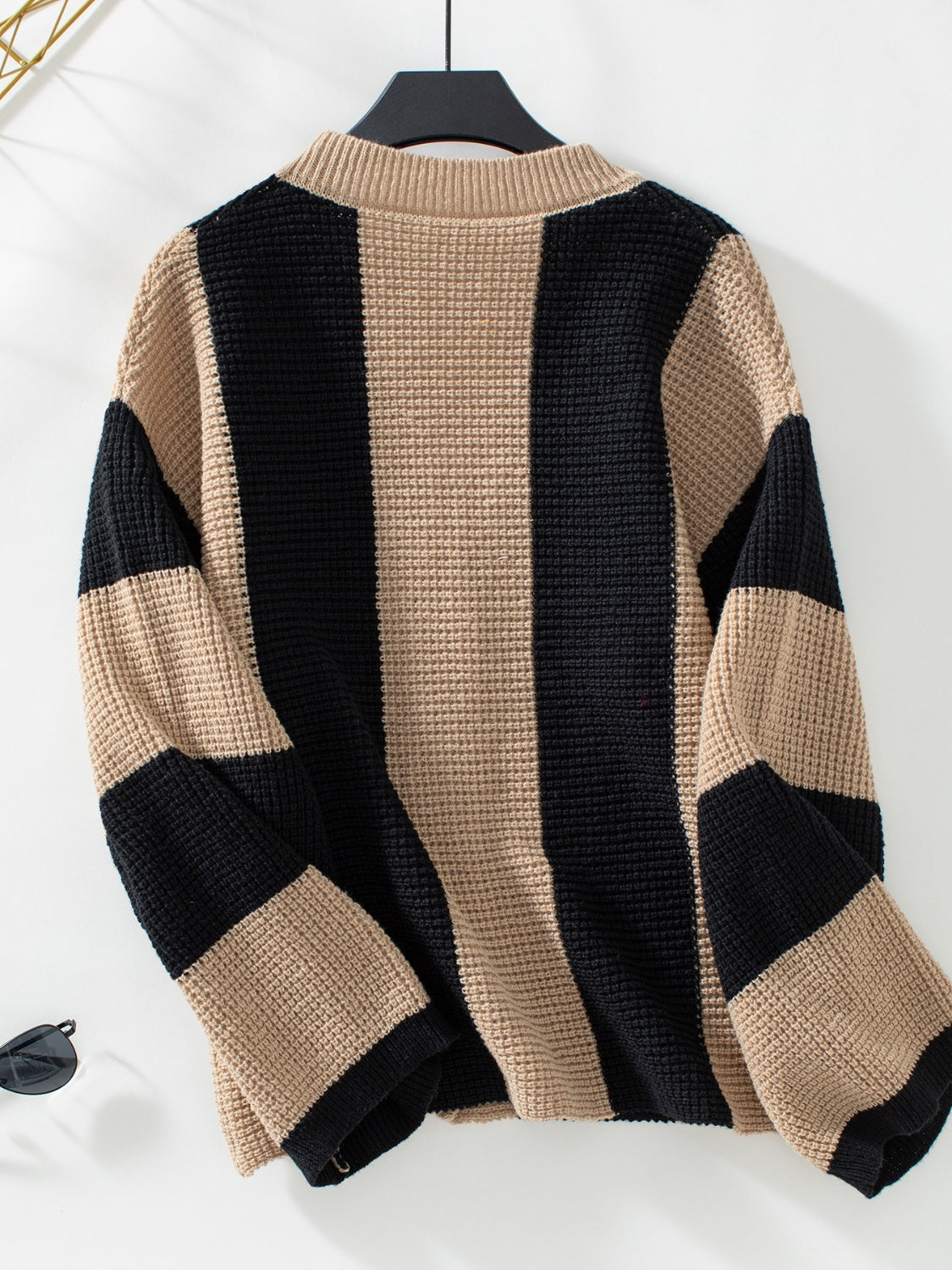 Waffle-Knit V-Neck Striped Long Sleeve Cardigan 